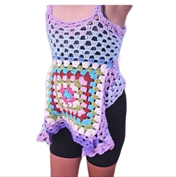 Hand Crafted crop top crochet halter granny square purple festival Rave small - Picture 11 of 17